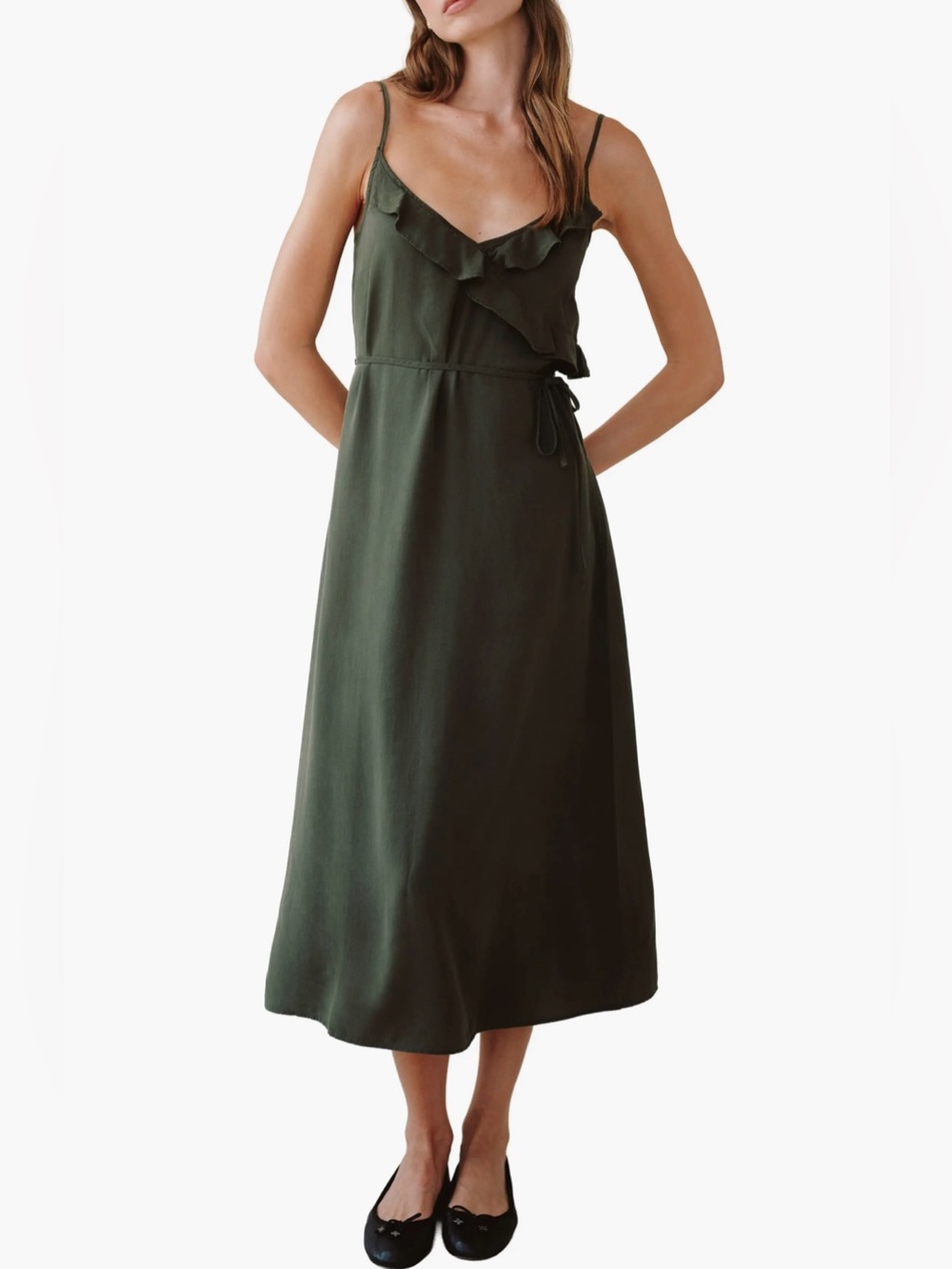 Bella Dahl Ruffle Cami Midi Dress Forest Army Olive Green Tencel L